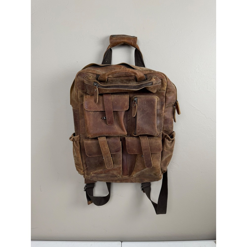 Brown Leather Multi Pocket Backpack Rucksack Laptop Sleeve Mens Bag